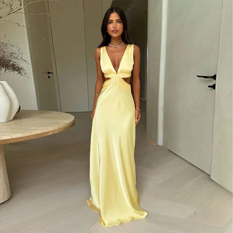 Deep V neck Hollow Long Dress Female Sleeveless Slit Beach Vacation Solid Color High Waist Bodycon Womens 260306