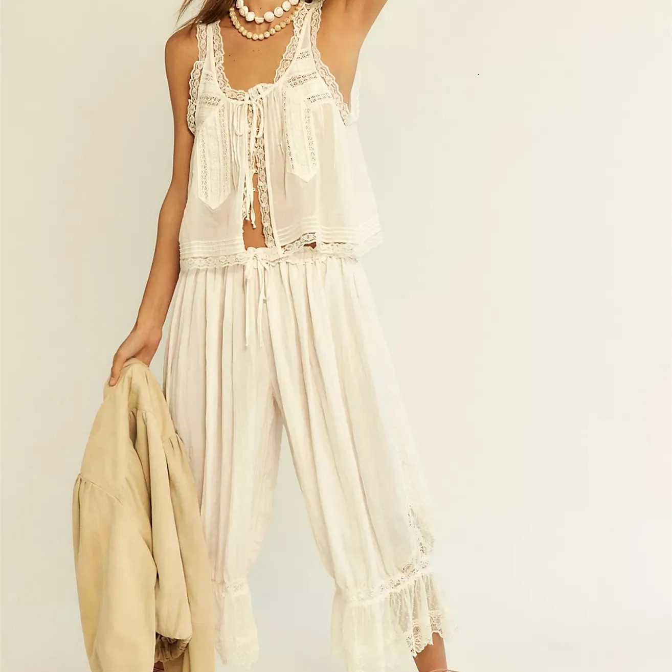 Womens Boho Vintage 2 Piece Pants Outfit Summer Casual Sleeveless Tie Front Lace Trim Tank Tops Drawstring Sets 260306