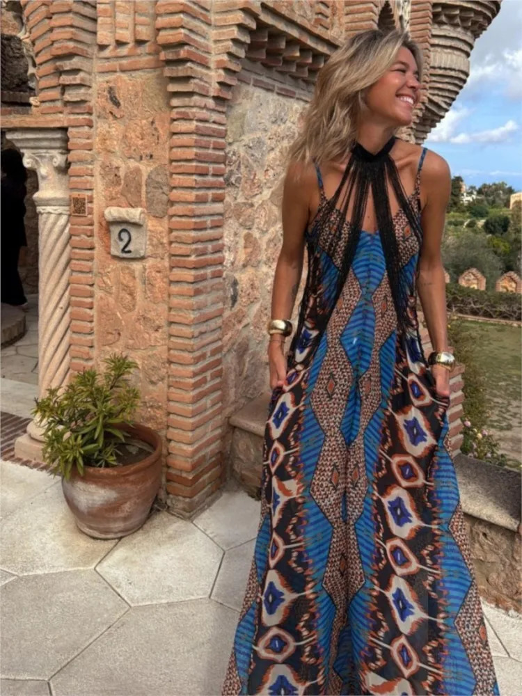 Fashion Casual Summer Elegant Dresses For Female Vneck Printed Temperament Sleeveless Loose Swing Long Spaghetti Strap 260306