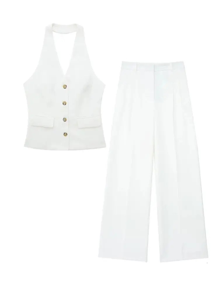 HH Women 2 Piece Set Halter Neck SingleBreasted Pocket Sleeveless Vest TopsHigh Waist Zipper Pockets Wide Leg Pant 260306
