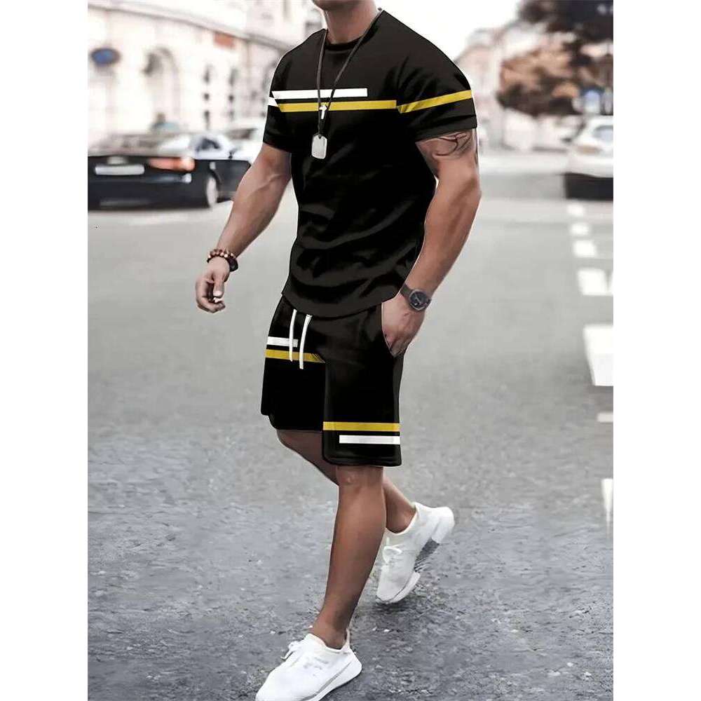 Summer Men's Stripe Print Short Sleeve Tee Elastic Waist 2 Pieces Plus Size Loose O-Neck T-Shirt Pockets Shorts Set