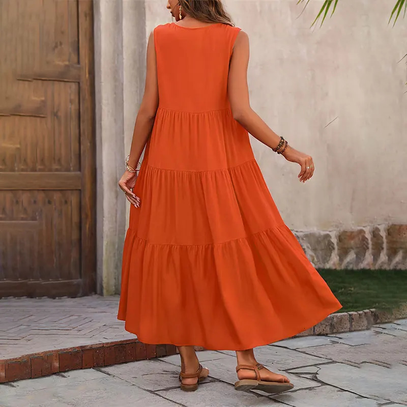 YKUKU Women Dress Summer Casual Vacation Holiday Beach Long Dresses Vneck Loose Elegant Yellow Femme 260306