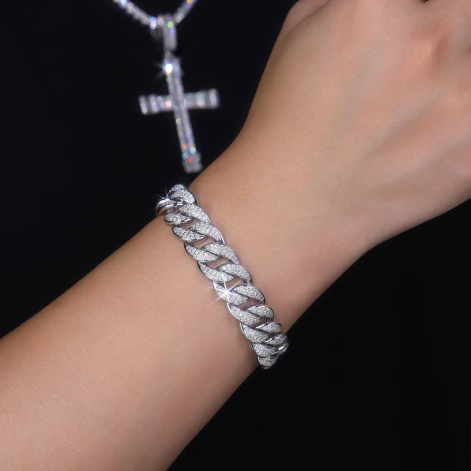 Iced Out Moissanite Cuban Link Bracelet 925 Sterling Silver Hip Hop Jewelry 18K White Gold Plated Fashion Bracelet