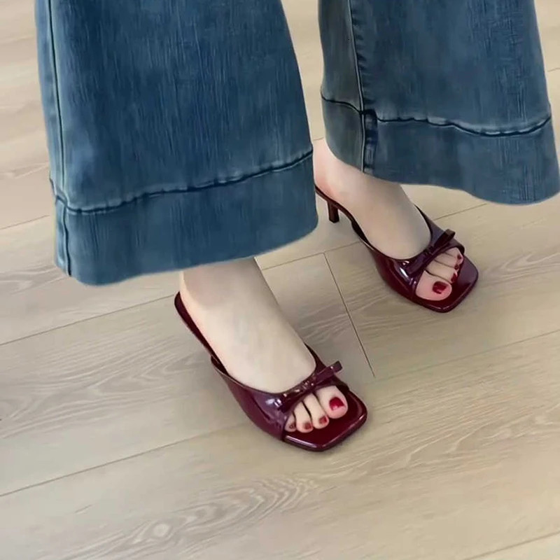 2026 Women Square Toe High Heel Slippers Fashion Butterfly-knot Dress Shoes Summer Stripper Mules Slides Zapatos De Mujer 260303
