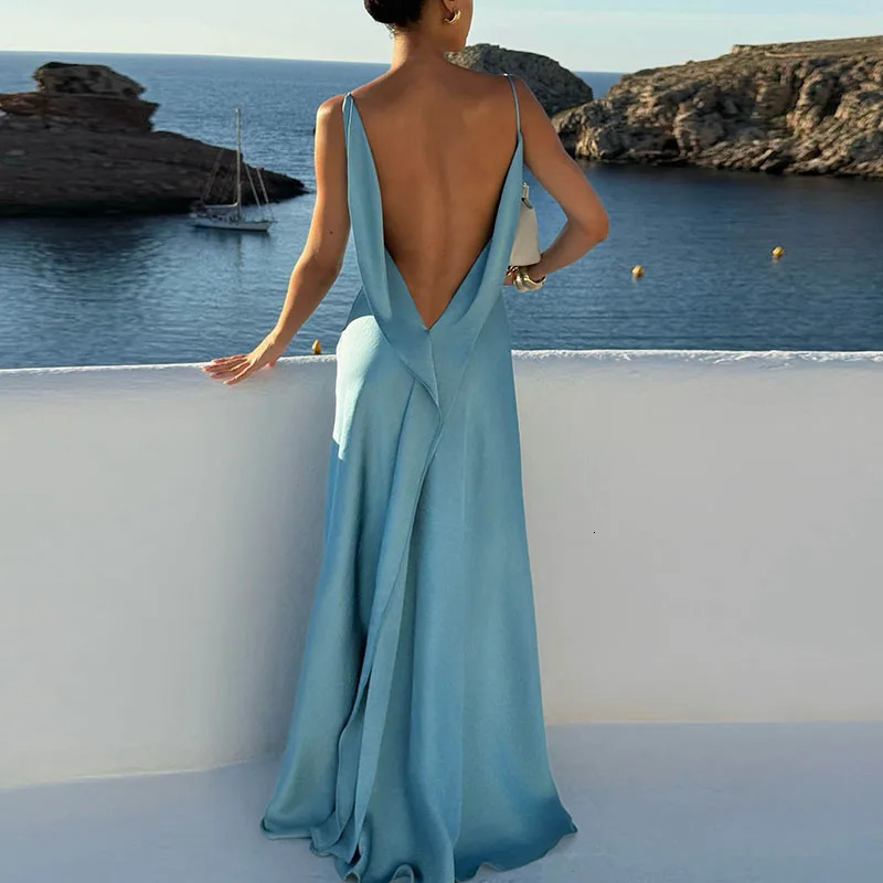 Elegant High Waist Split Women Party Dress Sexy Solid Backless Sleeveless Long Summer Chic Sling Evening Vestidos 260306