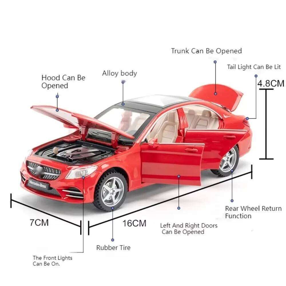 1:32 R8 V10 PLUS C260L Alloy Diecast Car Model Toys Sound Light Pull Back Doors Opened Rubber Tires Miniature Vehices Boys Gifts Z260306