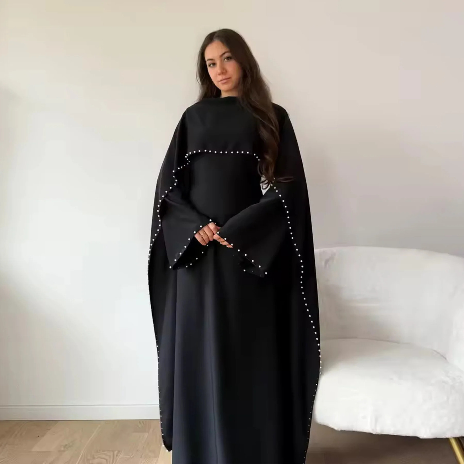 Eid Women Party Dress Abaya Beading Cape Long Sleeve Muslim Jalabiya Ramadan Solid Vestidos Largos Party Dresses Arab Long Robe 260304