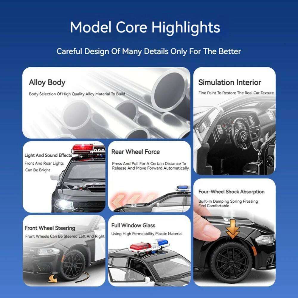 1:32 Charger Police Car Hellcat Alloy Diecast Model Toys Doors Opened Ornament Sound Light Pull Back Vehices Boy Collection Gift Z260306
