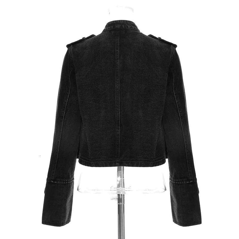 Streetwear Casual Loose Button Split Short Denim Jacket Women Fashion Spring Autumn 2026 Stand Collar Long Sleeve Jean Jacket 260303