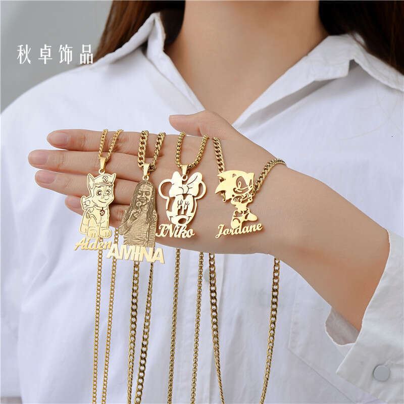 DIY Children's Drawing Cartoon Graffiti Stainless Steel Personalized Pendant Necklace Sketch Creative Keychain