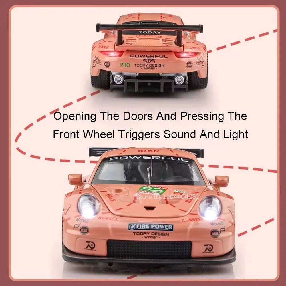 1:32 911 RSR Macan Toys Car Diecast Models Doors Opened Sound Light Pull Back Rubber Tires Miniature Sports Cars for Kids Gifts Z260306