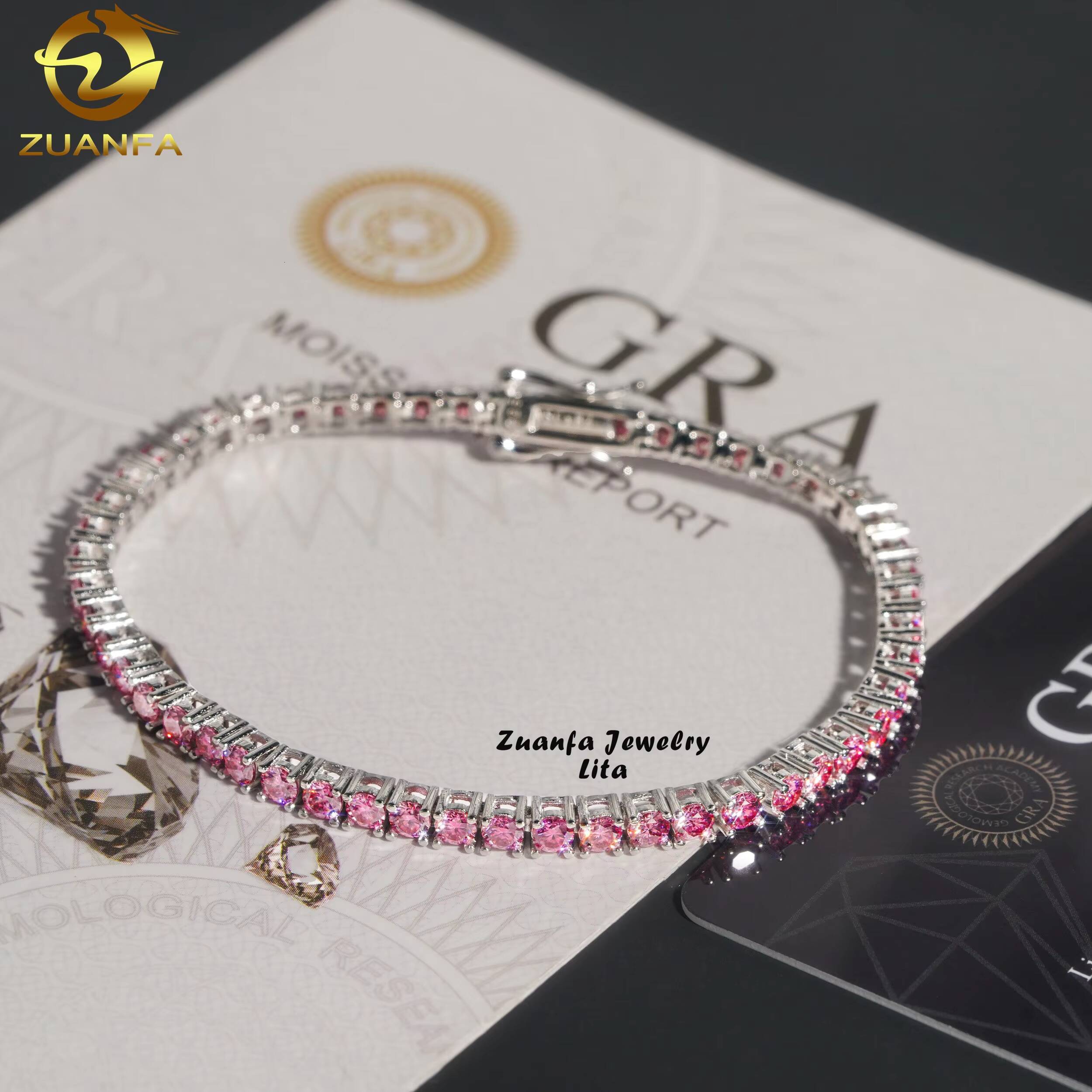 GRA Certificate Top Quality Diamond Tennis Chain 925 Silver 3mm Pink Moissanite Tennis Bracelet