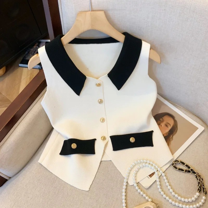 Women French Color Block Sleeveless Vest VNeck Knit Tank Top Lapel Collar Elegant Preppy Cropped Waistcoat Casual 260306