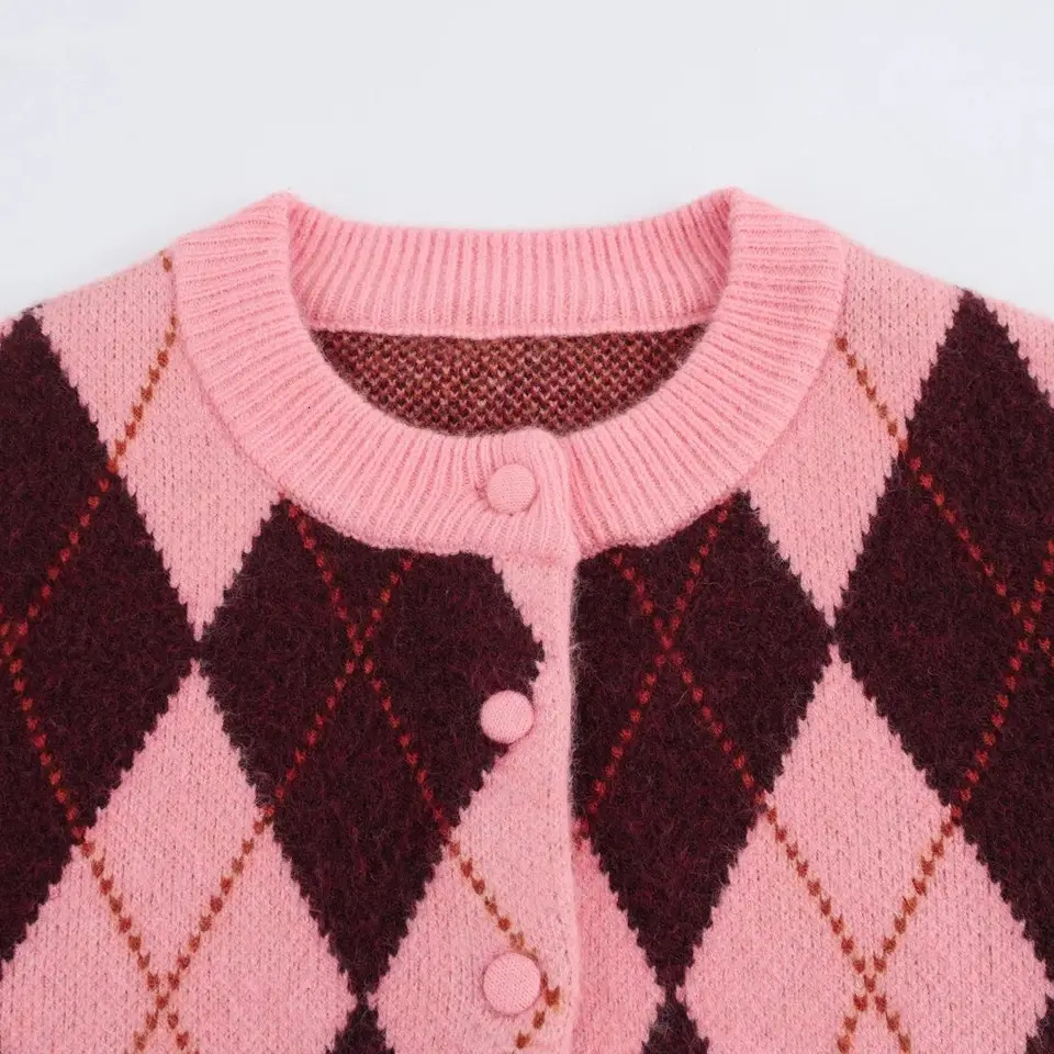 Women Argyle Jacquard Cardigan Chic Casual Knitted Cardigans For Elegant Sweater Long Sleeve Knitwear Coat 5755011 260306
