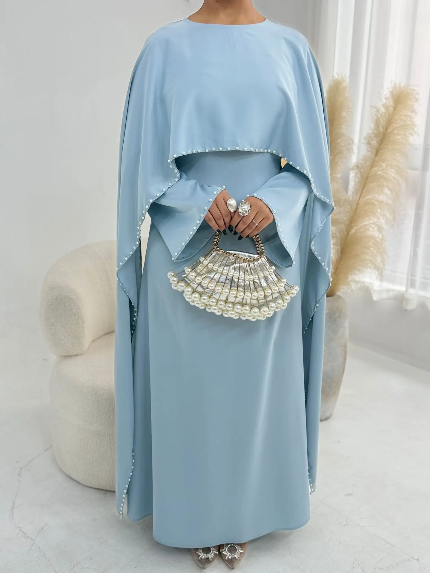 Eid Women Party Dress Abaya Beading Cape Long Sleeve Muslim Jalabiya Ramadan Solid Vestidos Largos Party Dresses Arab Long Robe 260304