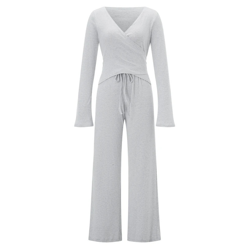Women Fashion Lounge Set Vintage 2 Piece Outfit V Neck Waist Tie Tshirt Elastic Pants Autumn Long Sleeve Crop Tops 260306