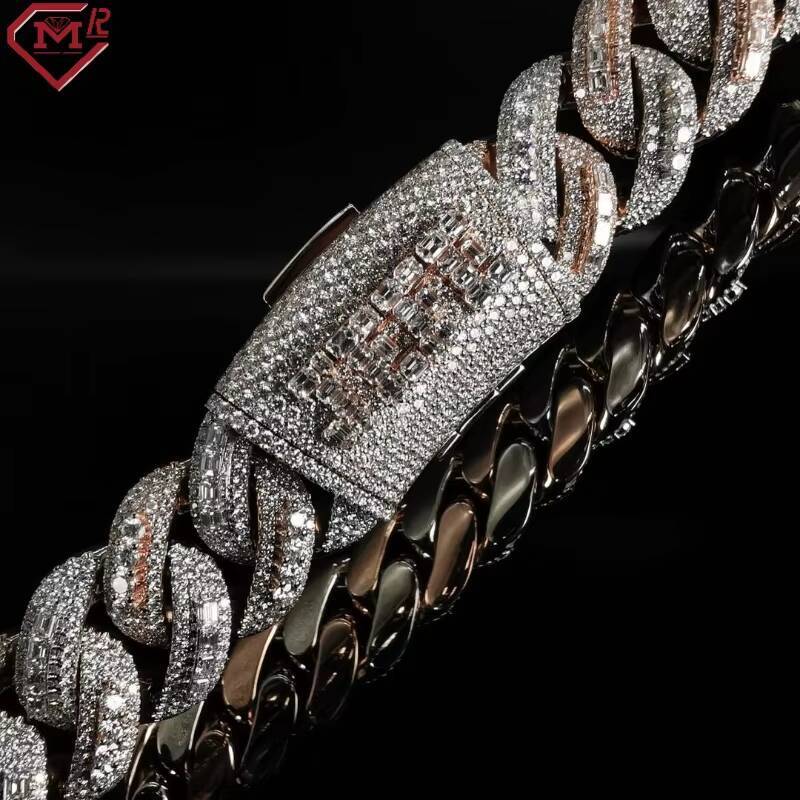 Miami Moissanite Cuban Necklace Iced Out Hip Hop Sterling Silver 925 Baguette Cut Moissanite Cuban Links Chains