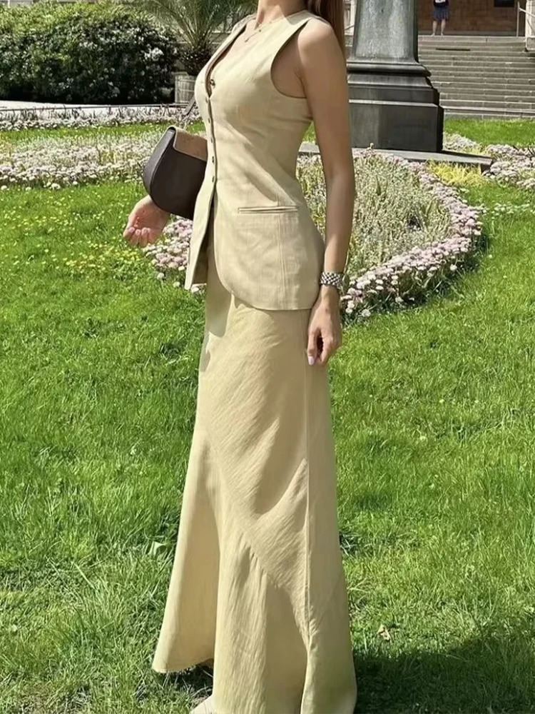 HH Womens Elegant Vest Long Skirt Set Sleeveless Vneck Tank Top High Waist Skirts Female Suit Summer Office Lady 260306