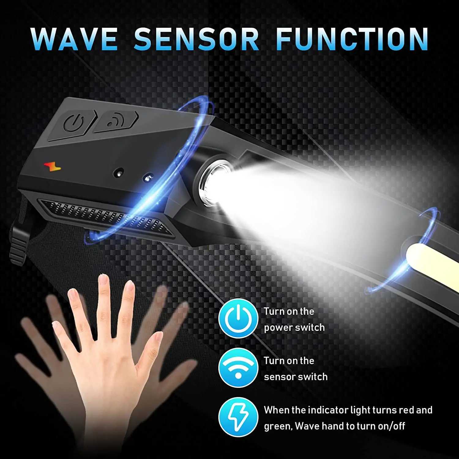 Sensor Headlamp LED Head Flashlight Rechargeable Headlight Head Torch Built-in Battery 5 Lighting Modes Fishing Camping Lantern H260307