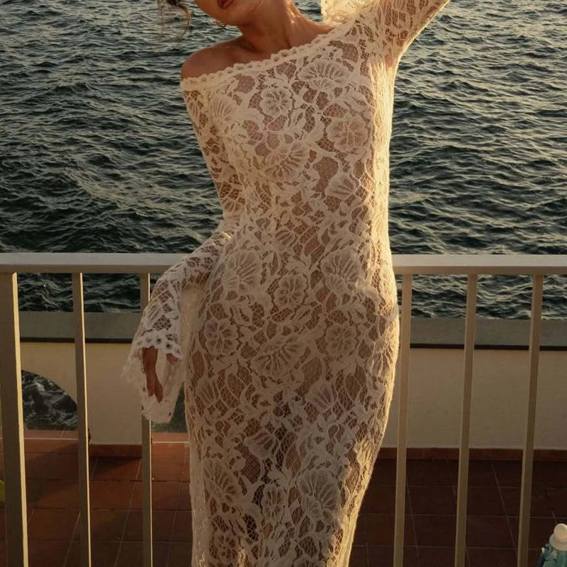 Fashion Hight Waist Slim Party Dresses Sexy Off Shoulder Long Sleeve Skinny Dress Women Elegant Lace Embroidery Solid 260306