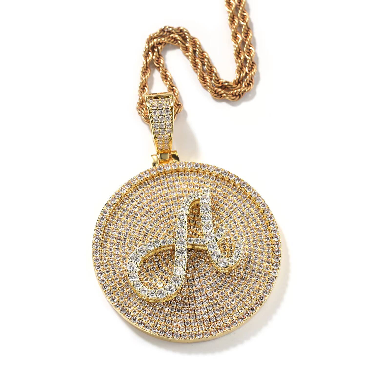 UWIN Iced Out CZ Capital Letter Round Plate Initial Pendant Customized 5cm Alphabet Pendant Hip Hop Jewelry for Woman Man