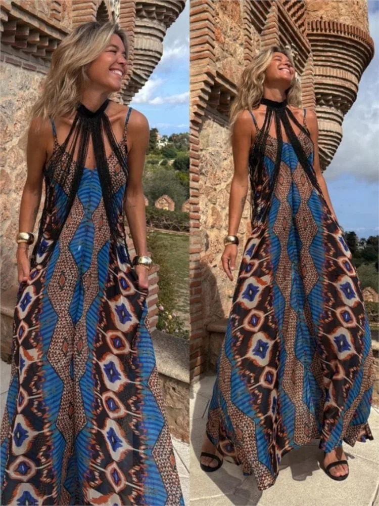 Fashion Casual Summer Elegant Dresses For Female Vneck Printed Temperament Sleeveless Loose Swing Long Spaghetti Strap 260306