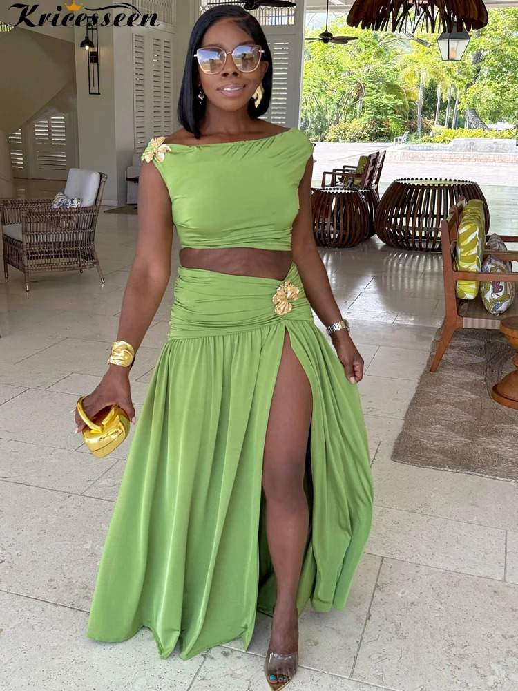 Beyprern y Green Gold Broach Top Maxi Skirt Set TwoPiece Dress Holiday Outfits Women High Slit Ruched Metal Bubble 260306