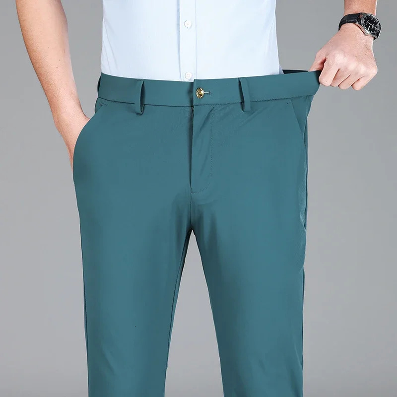 Summer Mens Ice Silk High Stretch Business Suit Pants Male Army Green Blue Elastic Formal Office Straight Formal Trousers 260306