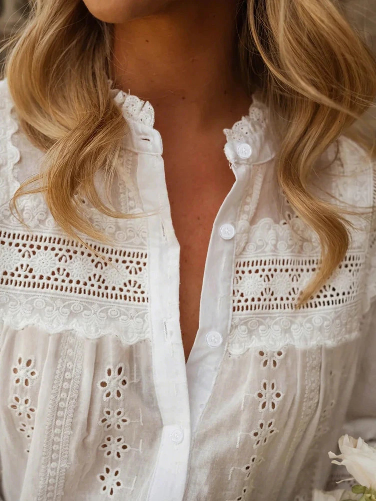 SpringSummer 2026 Arrivals European American Womens Wear Vacation Style SolidColour LaceUp Embroidered Blouse 260228