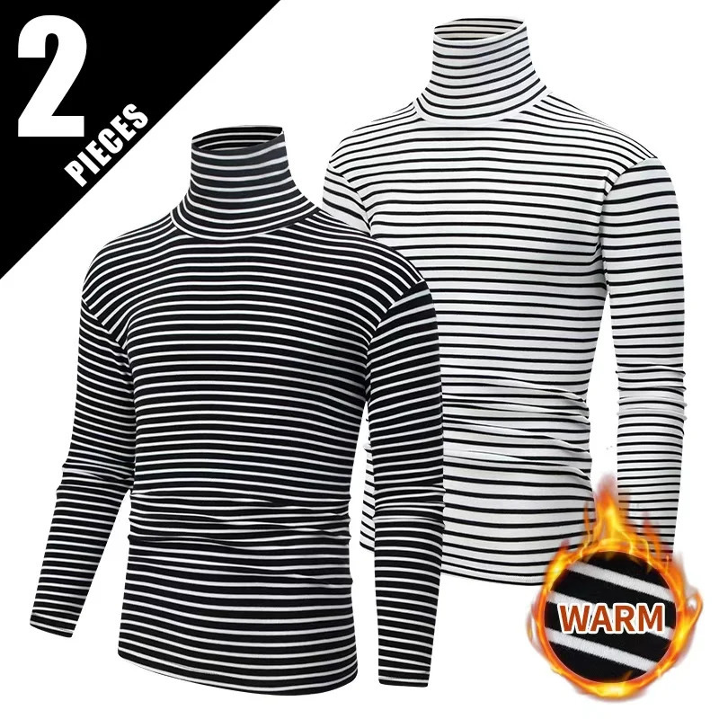 2Piece Mens High Neck Long Sleeved AutumnWinter Striped Youth Casual Sports Comfortable Plus Size Warm Inner Tshirt Trendy 260302