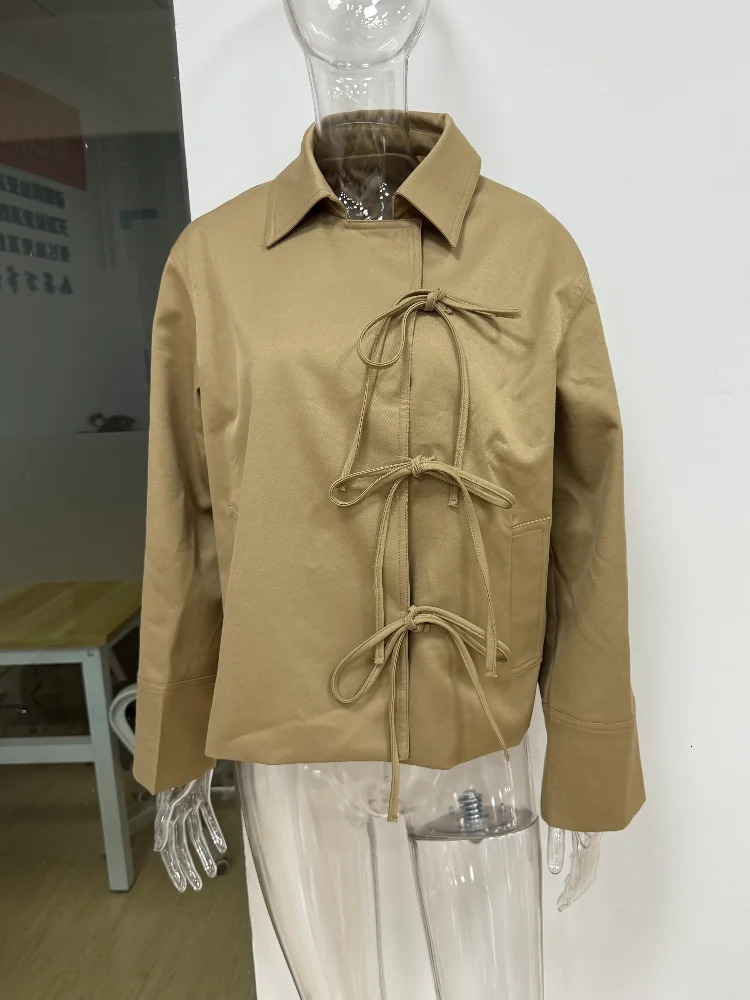 Stylish Cool Jackets Bow Tie Loose Lapel Pocket Coat Casual Vintage Womens Chic Versatile Outerwears Autumn Female Clothing 260306