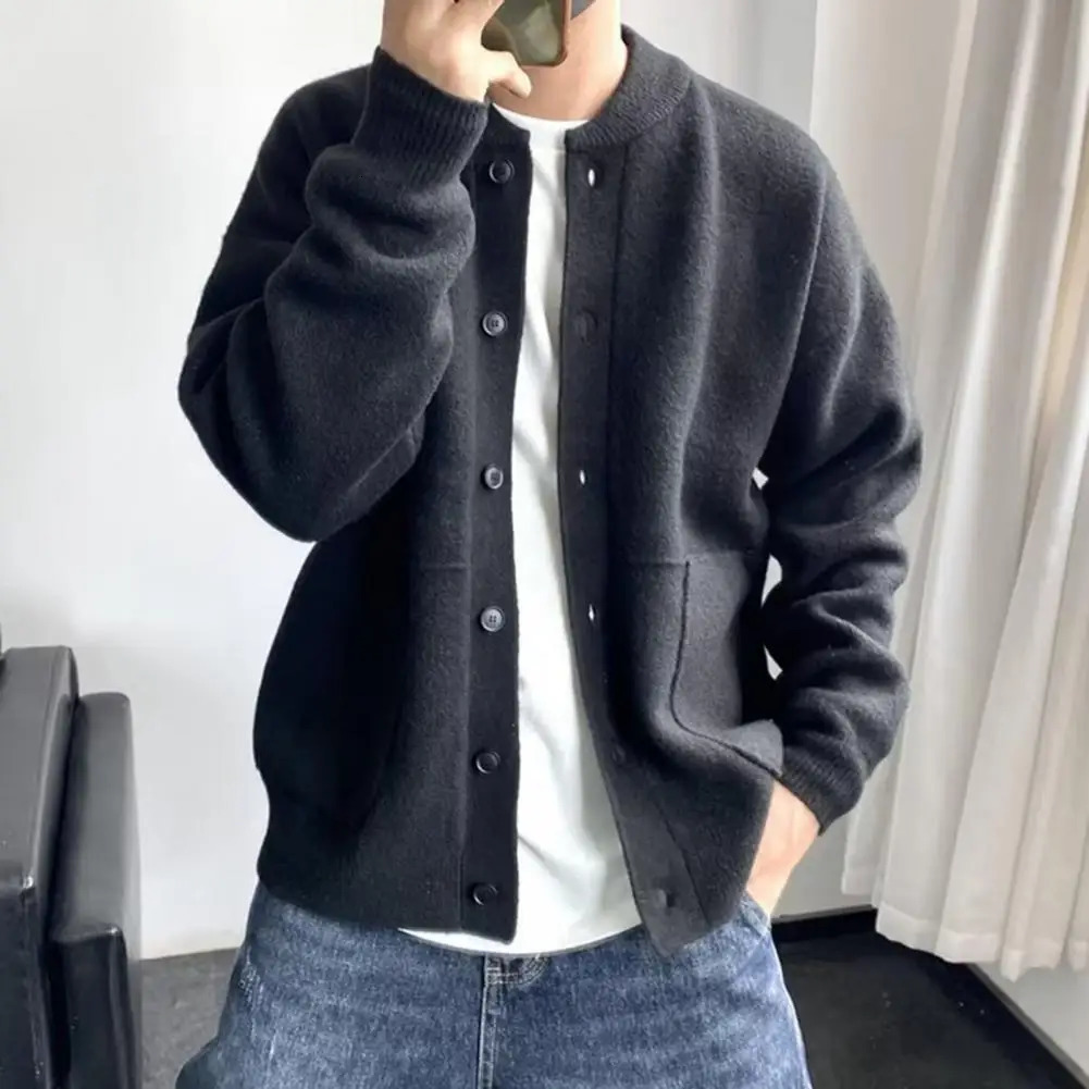 Sweater Coat Mens Round Neck Knitted Cardigan Sweater with Single-breasted Closure Solid Color Long Sleeve Coat for Warmth 260306
