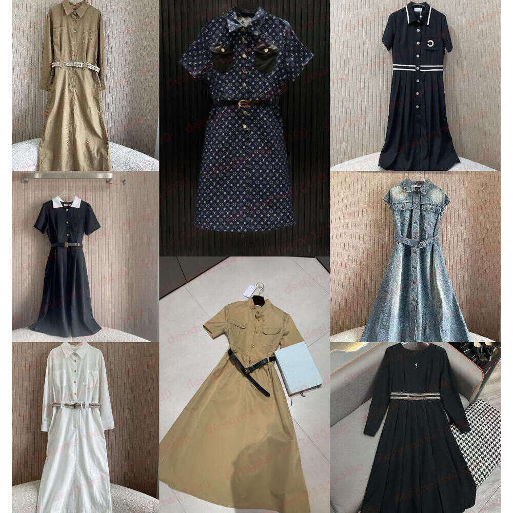 women designer dresses shirt dress with belt brand metal logo stand collar short sleeve midi dress casual spring summer high quality fashion