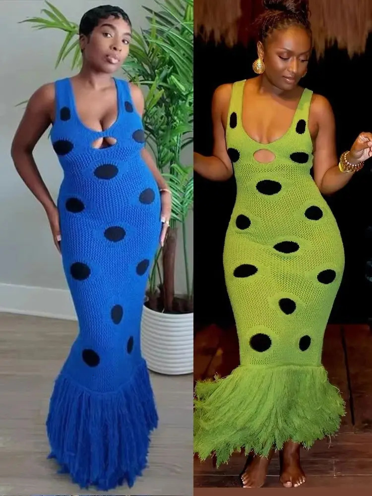 Weird Puss Knit Women Dress Beach Vacation Skinny Stretch Sleeveless Hollow Dot Tassel Hem Elegant Sexy Midnight Maxi Bodycon 260306