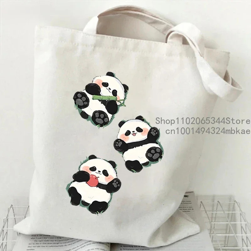 Cartoon Panda Pattern Canvas Shoulder Bag Women Portable Versatile Storage Cute Animal Shopping Bags Teen Girl Handbag 260307