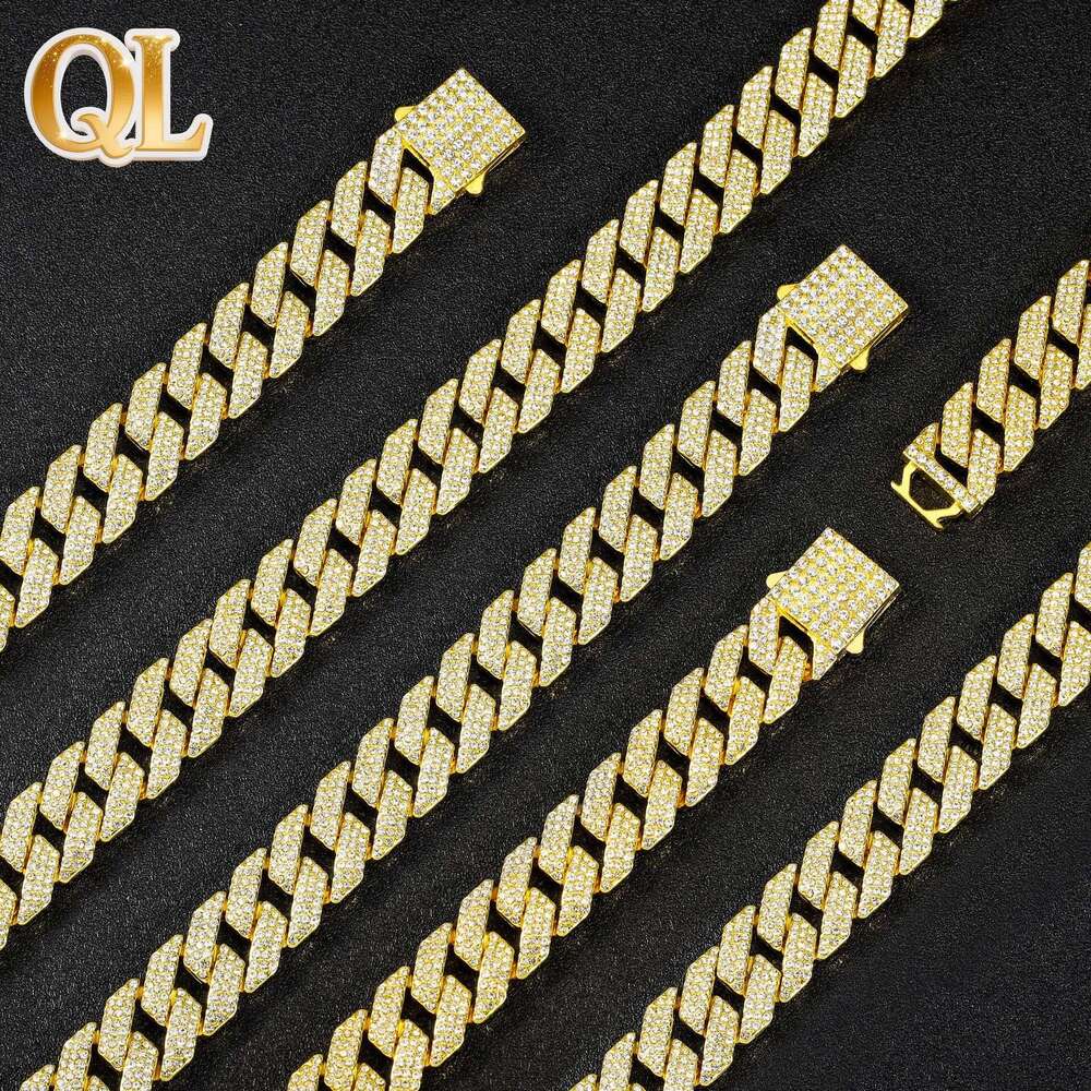Hip-Hop Style Cuban Chain High-Quality 15MM Diamond-Shaped 3-Row Diamond Necklace Unisex Thickened Bracelet Wholesale