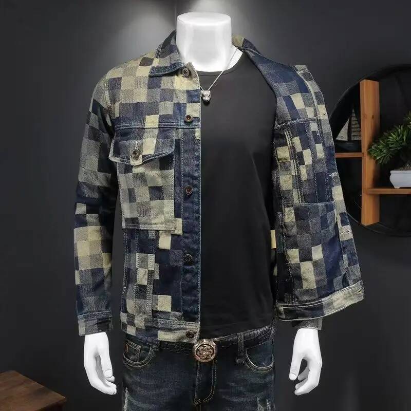 2025 New Printed Distressed Vintage Denim Jacket Men's Fashion plaid Lapel Coat Male Button Jeans Jackets