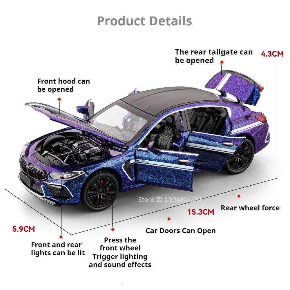 1:32 Scale M8 M4 Diecast Alloy Toys Model Car Doors Opened with Sound Light Pull Back Miniature Vehcie Children Desktop Ornament Z260307