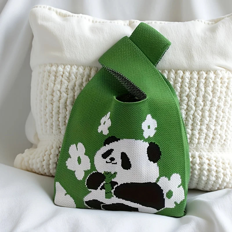 UNTIOR Cute Panda Knitted Bag Spring Stylish Mini Casual Wristlet Student Reusable Tote Suitable for Daily Outdoor Use 260307