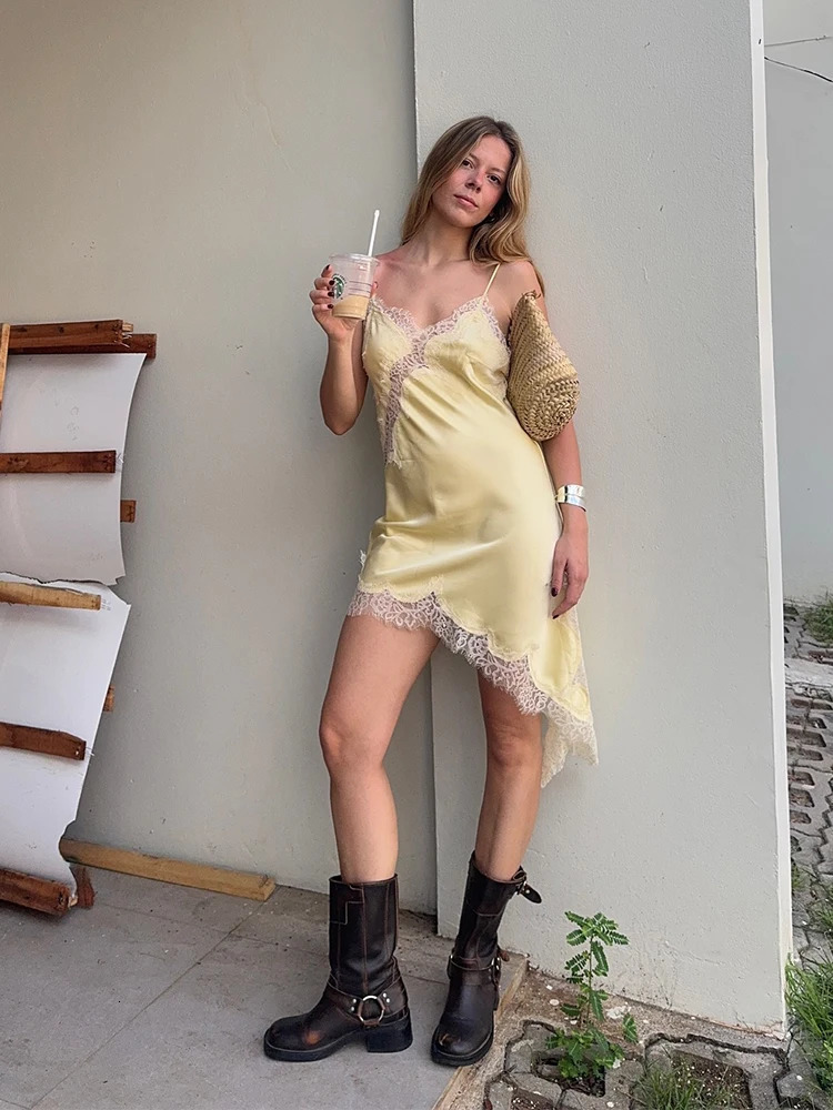 Yellow Satin Lace Splicing Sling Dress Women Elegant Irregular Hem V Neck Backless Sleeveless Gown Chic Women Party Club Vestido 260306