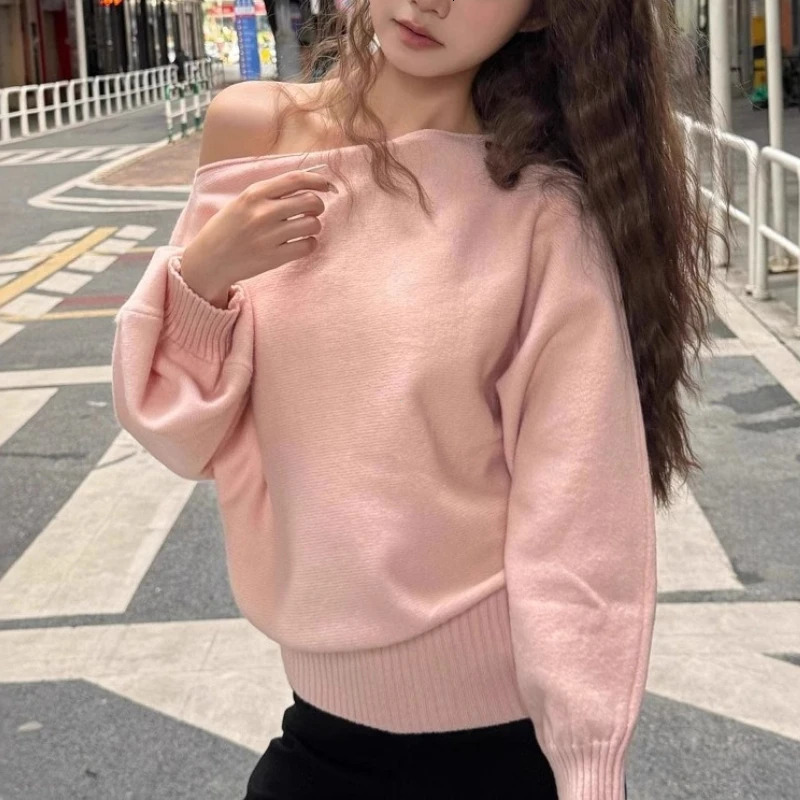 Batwing Long Sleeve Knitted Pullover Women 380g Thick Off Shoulder Top Korean Fashion Sweater Loose Casual Autumn Outwear Pull 260306