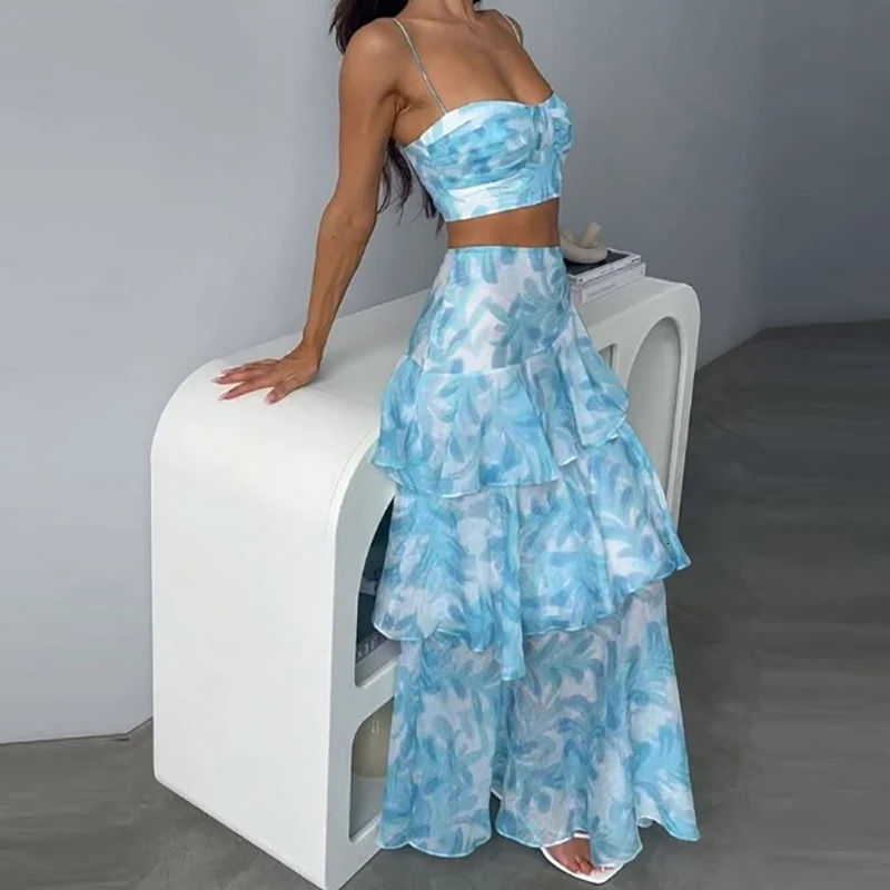 Sexy Tube Crop TopsHalf Skirts 2 Piece Set Fashion Printed Sleeveless Vest And Ruffles Long Summer Holiday Beach 260306
