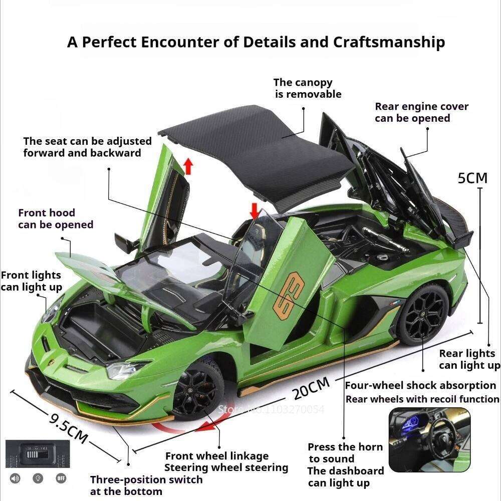 1:24 Lambor SVJ63 SCV12 Miniature Model Alloy Diecast Sports Car Toys Sound Light Pull Back Doors Opened Vehice Children's Gifts Z260306