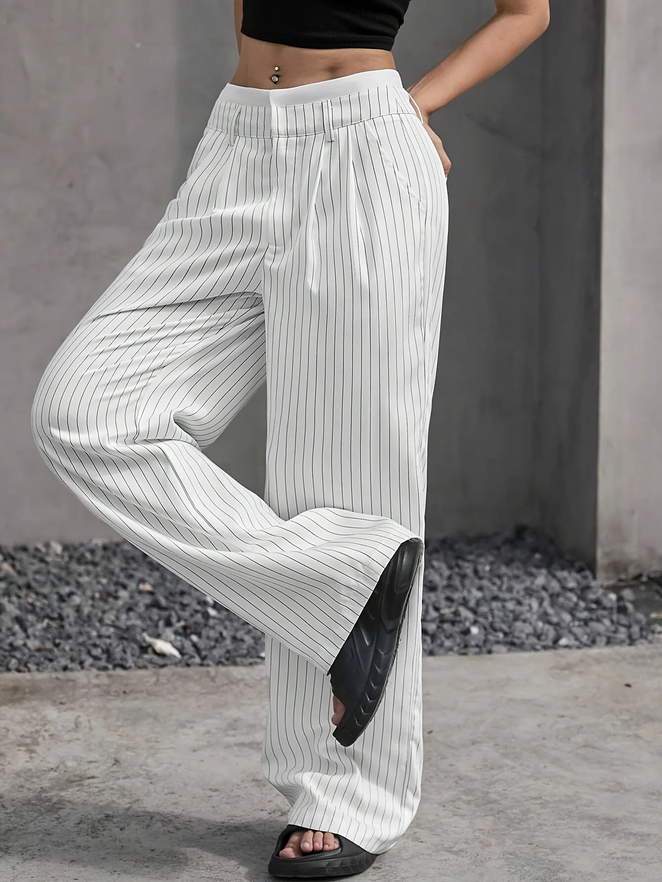 Womens Straight Leg Pinstripe Trousers High Waist Office Business Pants Casual Striped Dressy With Pockets 260306