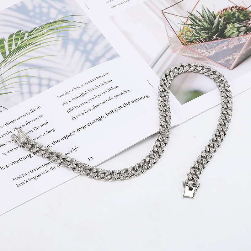 European and American Alloy 12mm Round Full Diamond Buckle Necklace Hip Hop Cross-Border Wholesale Cool High-Quality Cuban Chain