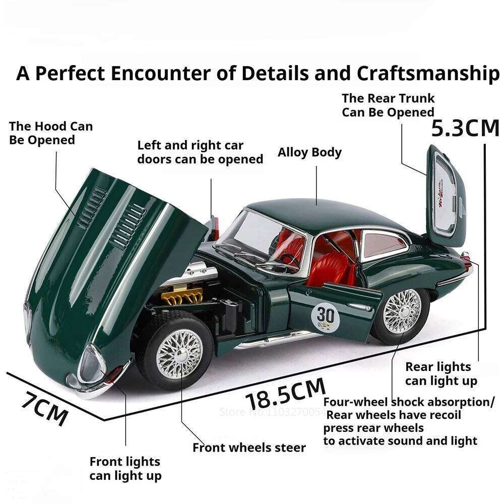 1:24 E-TYPE Phantom Diecast Models Alloy Car Miniature Toys Doors Opened Sound Light Pull Back Exquisite Vehices Retro Ornaments Z260306