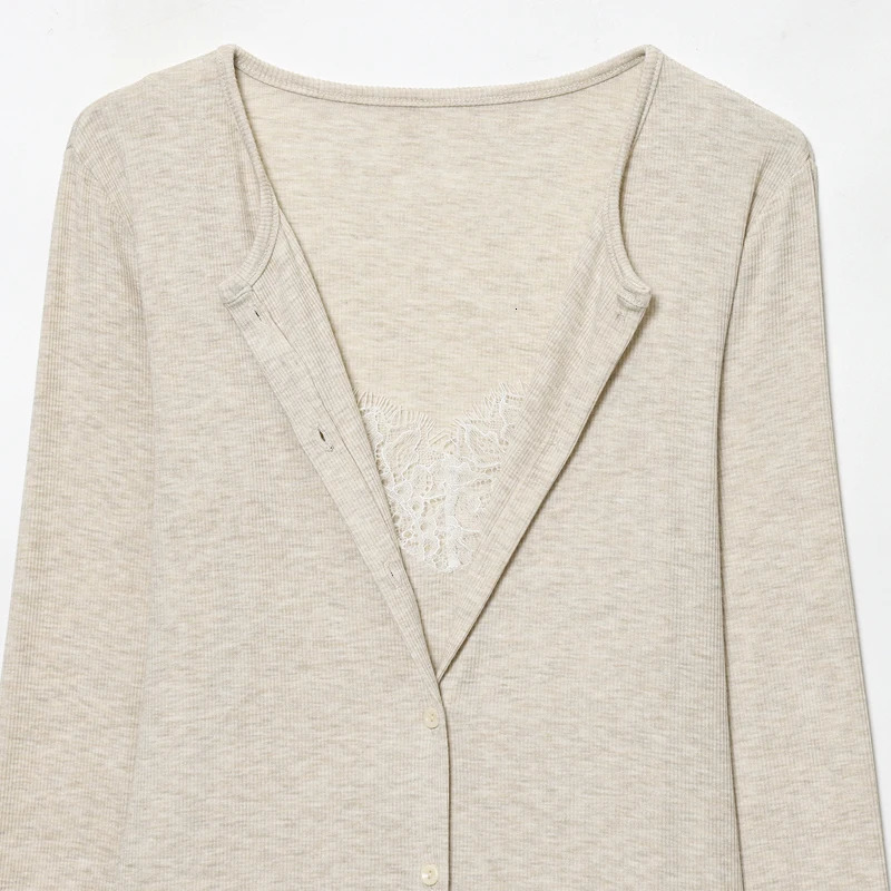 HXAO Crop Knit Cardigan For Women Autumn Spring Chic Lace Long Sleeve Knitwear Darkgrey Beige Sweaters Korean Cardigans 260305
