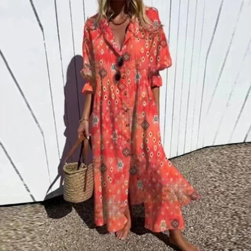 Womens Retro Geometry Circle Print Long Dress Spring Single Breasted Lapel Shirt Dress Summer Puff Short Sleeve A-Line Boho 260304