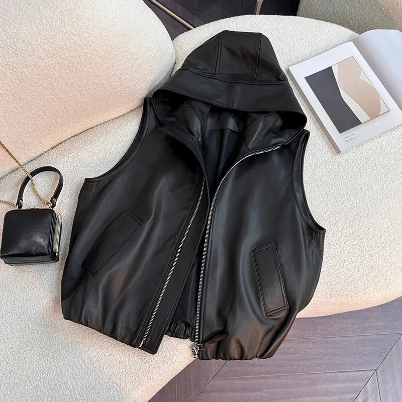 Autumn Ladies Large Size 4XL Zipper PU Leather Vest European Women Hooded Thin Waistcoat Female Short Faux Sleeveless 260306