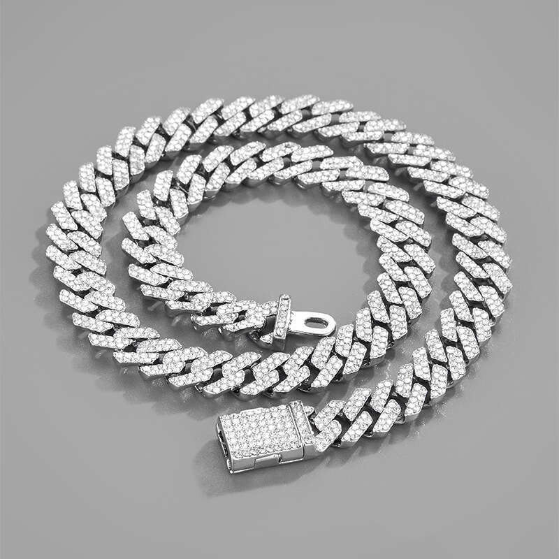 Cross-Border Hot-Selling Hip-Hop Style Full Necklace Rhombus Versatile 12mm with Diamond High-End Cuban Chain Jewelry Wholesale